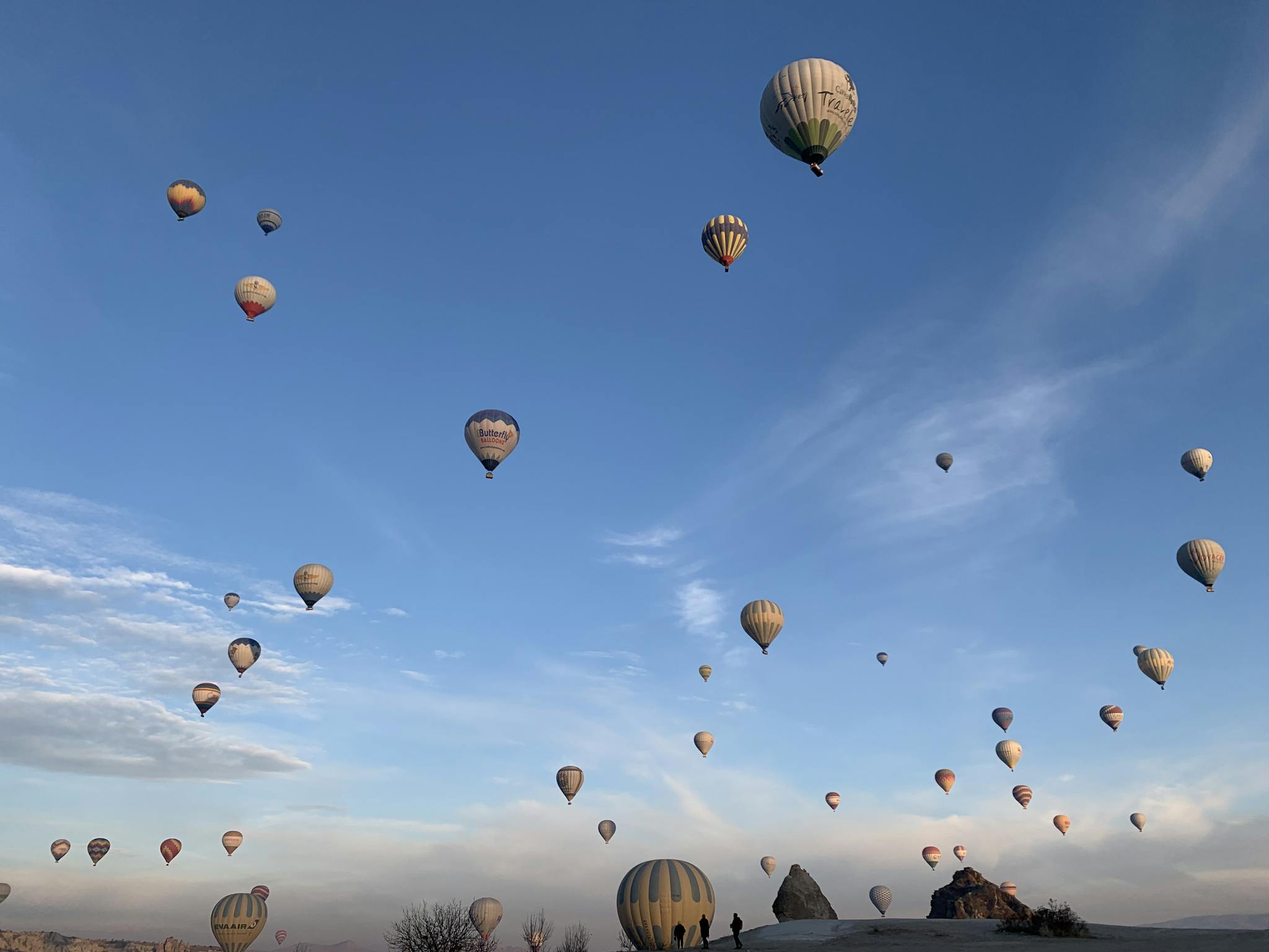 A picturesque view of hot air balloons soaring over wadi rum's unique landscape.